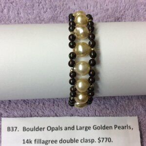 Large Golden Fresh Water Pearls and Boulder Opals, 14k Gold double clasp.